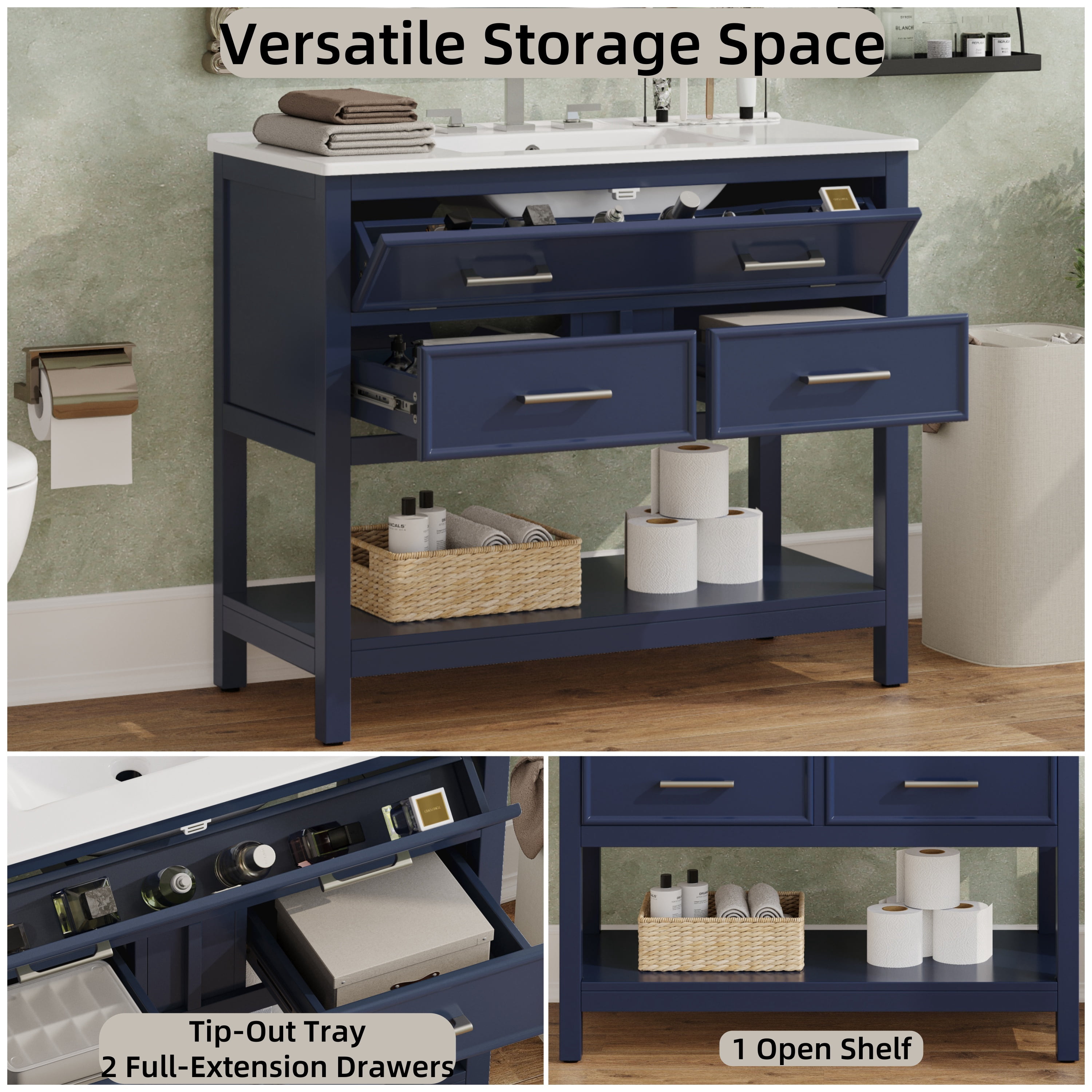 Euroco 36" Bathroom Vanity with Ceramic Sink, Bathroom Vanity with Tip-Out Tray and 2 Full-Extension Drawers, Silver Pulls and Soft Close Drawer Slides Design, 1 Open Shelf at the Bottom, Blue