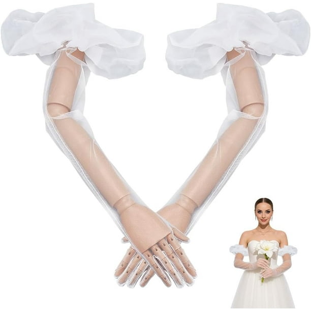 Guantes de tul con malla abullonada, guantes largos de encaje para novia, guantes de baile con mangas abullonadas hasta el codo