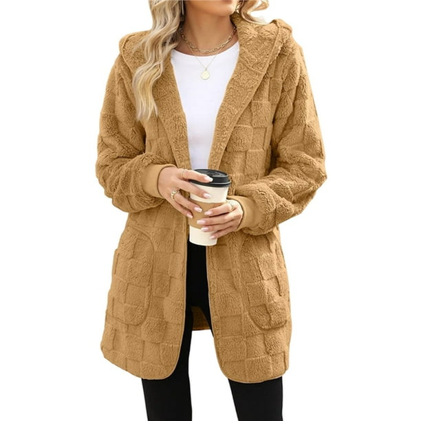Chaqueta de Mujer con Cremallera, Bolsillos, Sudadera Larga Extragrande con Capucha, Mangas Largas y Suave, Abrigo de Peluche Cálido Marrón L