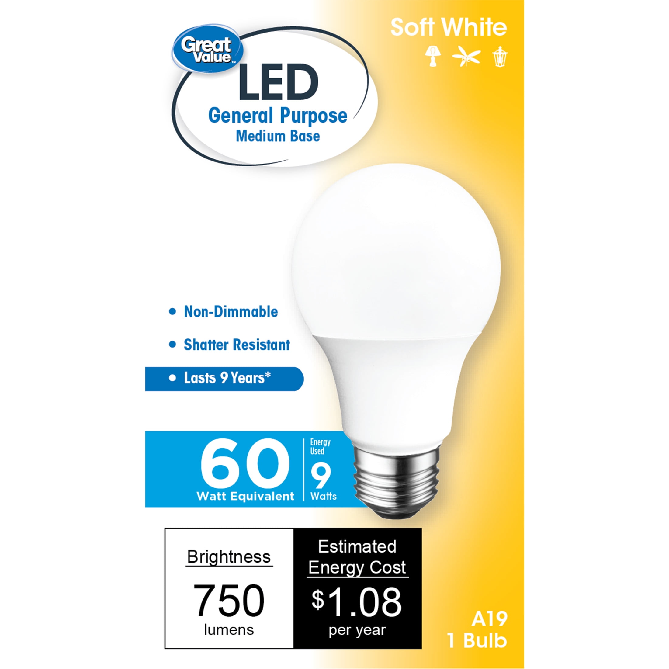 Great Value LED Light 9W (60W Equivalent) A19 General Purpose Lamp E26 Medium Base, Non-dimmable, Soft White, 1-Pack -