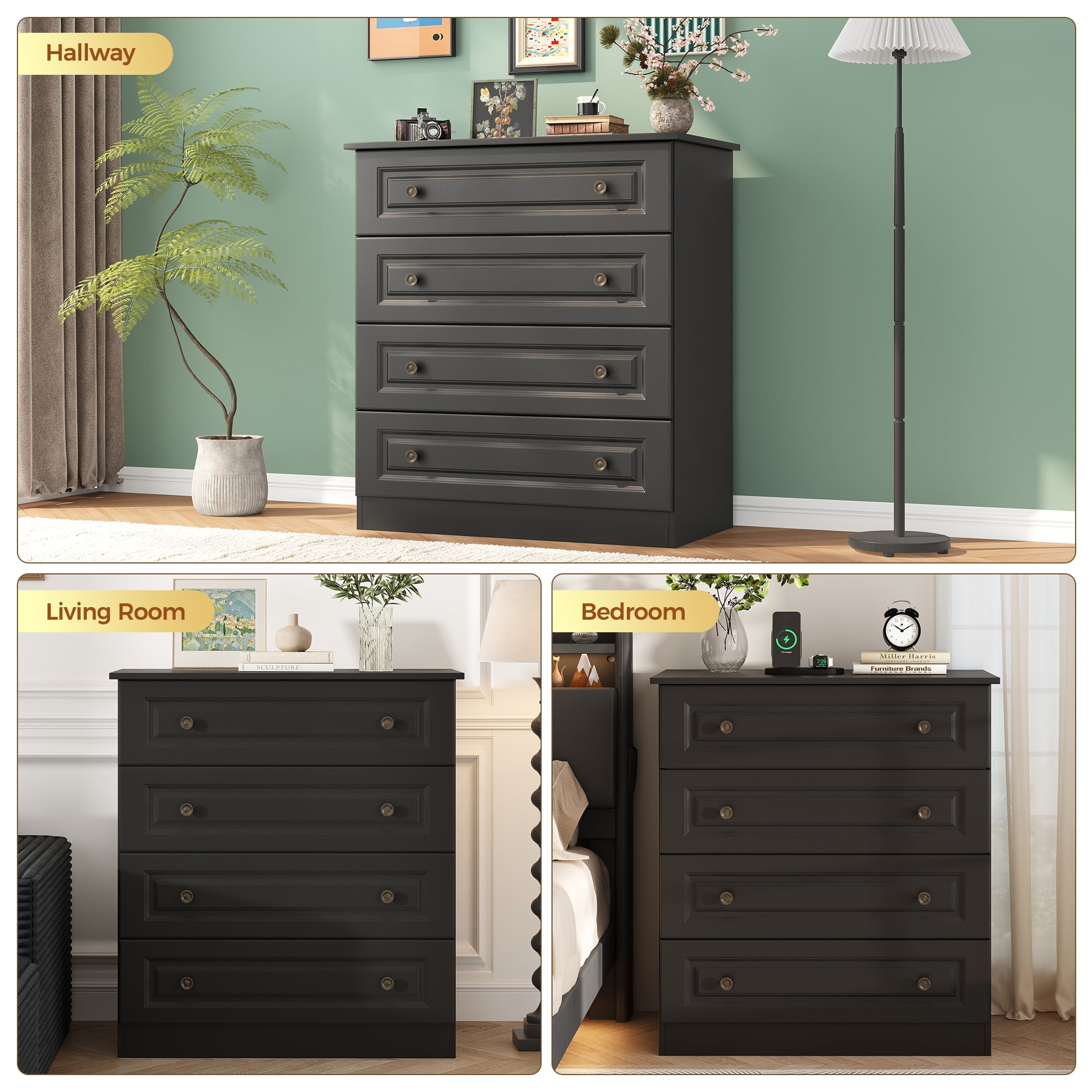 4-Drawer Dresser, 34.6” Tall Black Dresser for Bedroom Storage, Hallway Chest with Large Drawers, 29.5” Wide Space Saving Furniture
