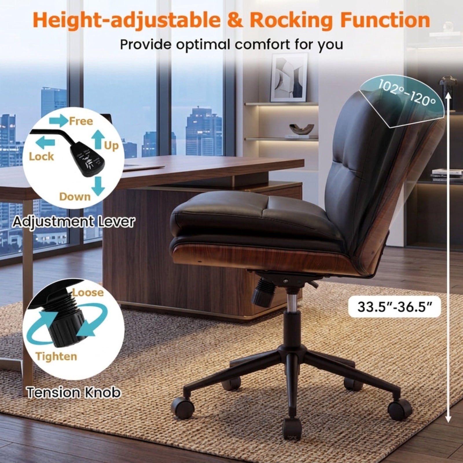Furnibear Armless Office Chair with Curved Backrest and Padded Faux Leather Seat Small Rolling Task Chair for Home Office Vanity Bedroom Study, Black