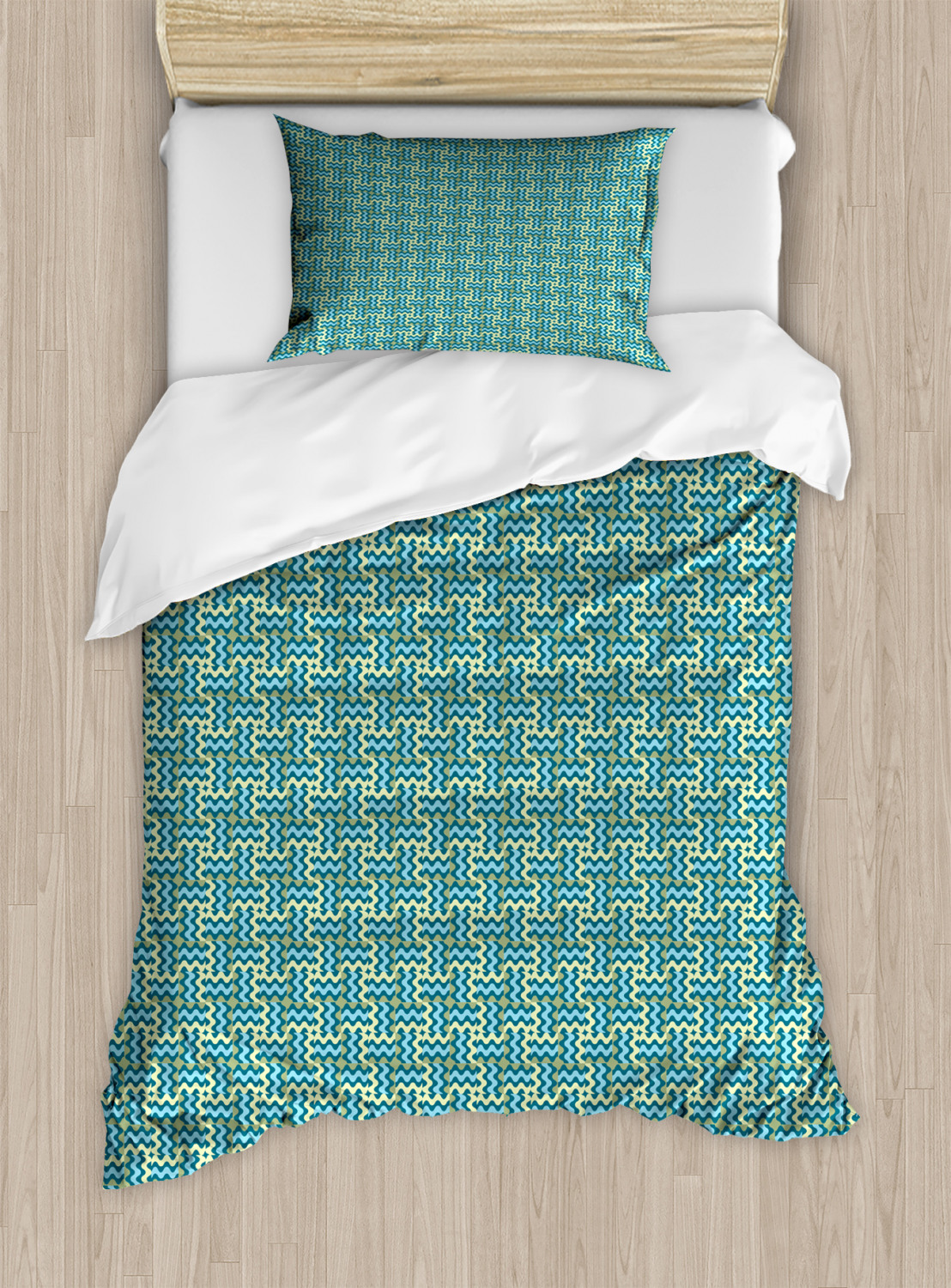 Abstract Twin Size Duvet Cover Set, Vintage Wavy Ethnic Swirling Stripes Symmetric Carpet Style