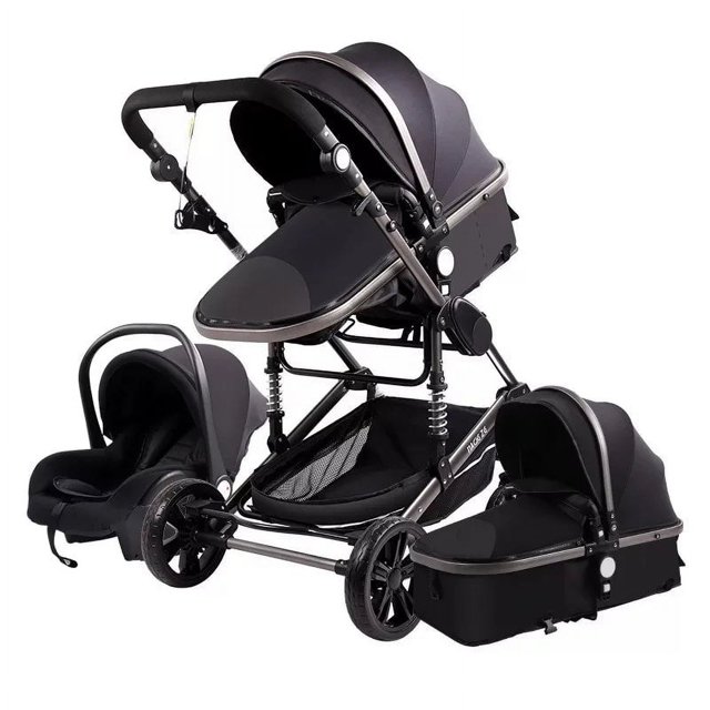 baby stroller 3 in 1 stroller folding two-sided child four seasons kinderwagen baby carriage high landscape newborn travelling cochecito 3 en 1, vista 3/4 frontal; cochecito plegable en azul con chasis metálico y manillar acolchado reversible, capota ajustable, suspensión visible en las ruedas y cesta inferior; incluye capazo y asiento de auto para bebé, carga máxima 25 kg según especificación; a menudo se usa también como sistema de viaje compacto para traslados.