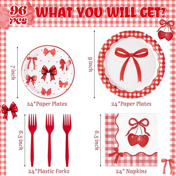 YUYAN-96Pcs Red Bow Party Plates Supplies - Serves 24 - Coquette Watercolor Bowknot Party Tableware Decoration Disposable Paper Plates Napkin Fork for Girl Bachelorette Engagement Wedding Birthday
