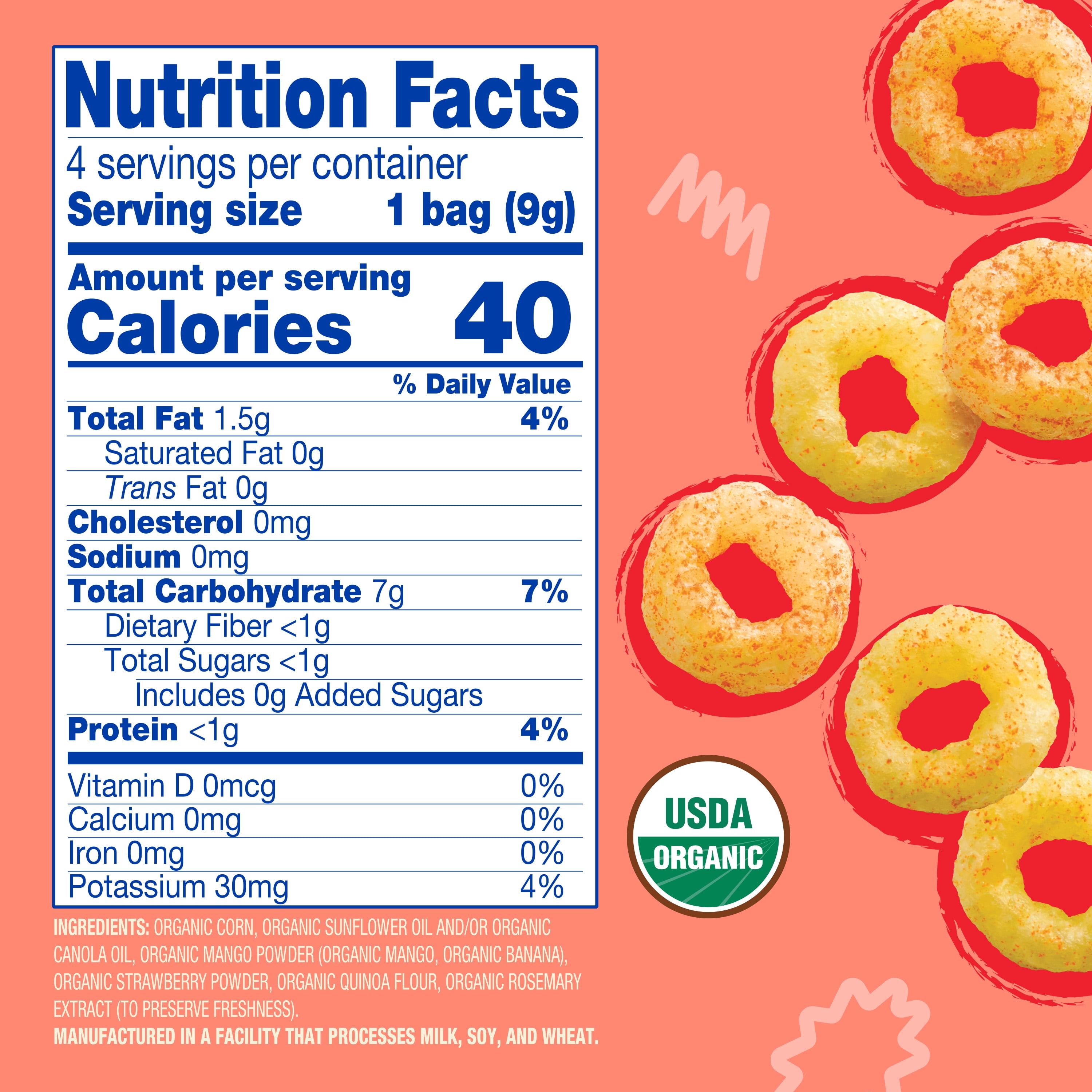 Earth's Best Organic Bite-Size Melty Hoops Strawberry Mango Puffed Baby Snack, 0.32 oz Bags (4 Pack)