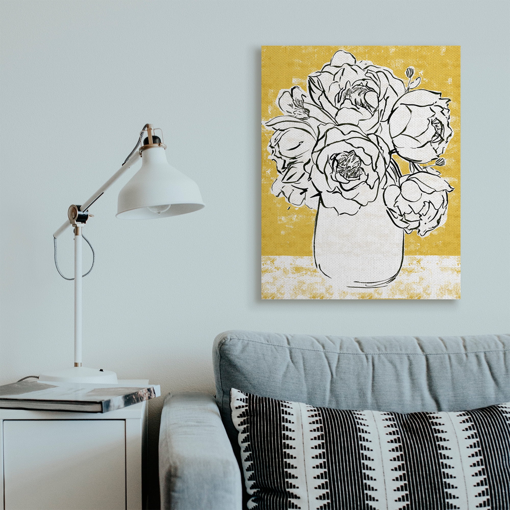 Stupell Industries Peony Sketch Bouquet Contrasted Distressed Yellow Canvas Wall Art, 30 x 40, Design by Annie Warren