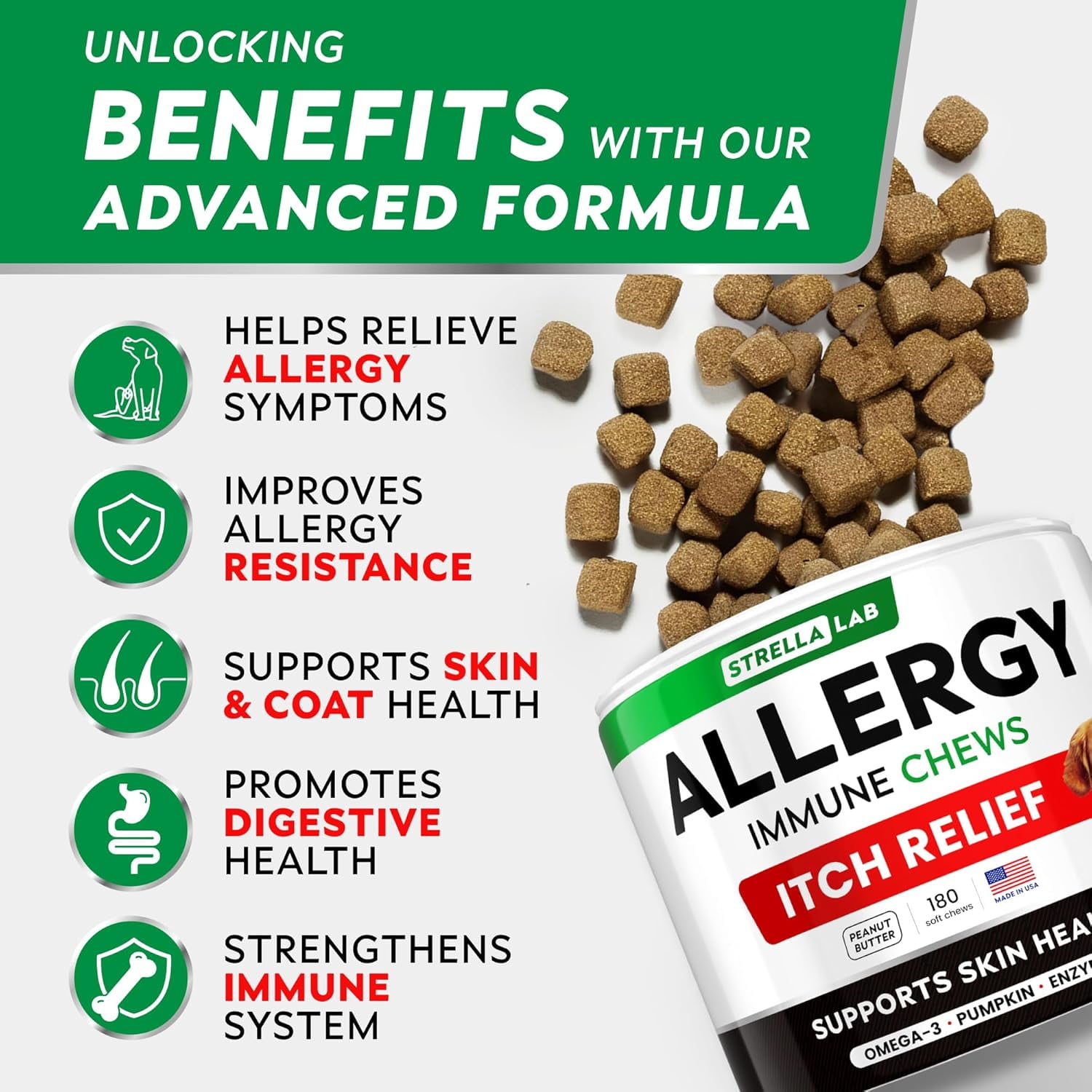 StrellaLab Dog Allergy Relief & Anti Itch Relief for Dogs Chews with Omega 3 - Skin & Coat Immune Supplement with Fish Oil, Pumpkin & Enzymes — Developed by Experts - Made in USA - 180 Count