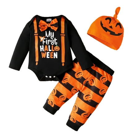

ZHUASHUM Boys Girls Long Sleeve Romper Bodysuits Cartoon Pumpkin Prints Pants Hat Outfits