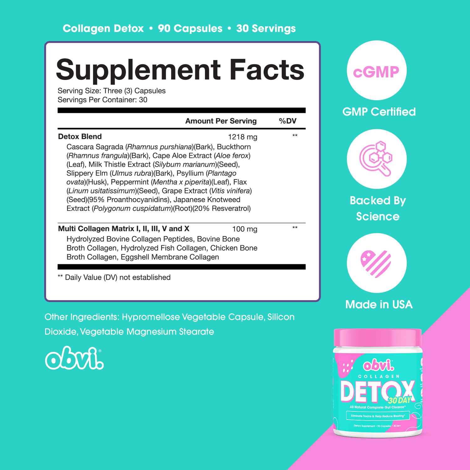 Obvi 30 Day Collagen Detox, All Natural Complete Gut Cleanse, 90 Capsules (30 Servings)