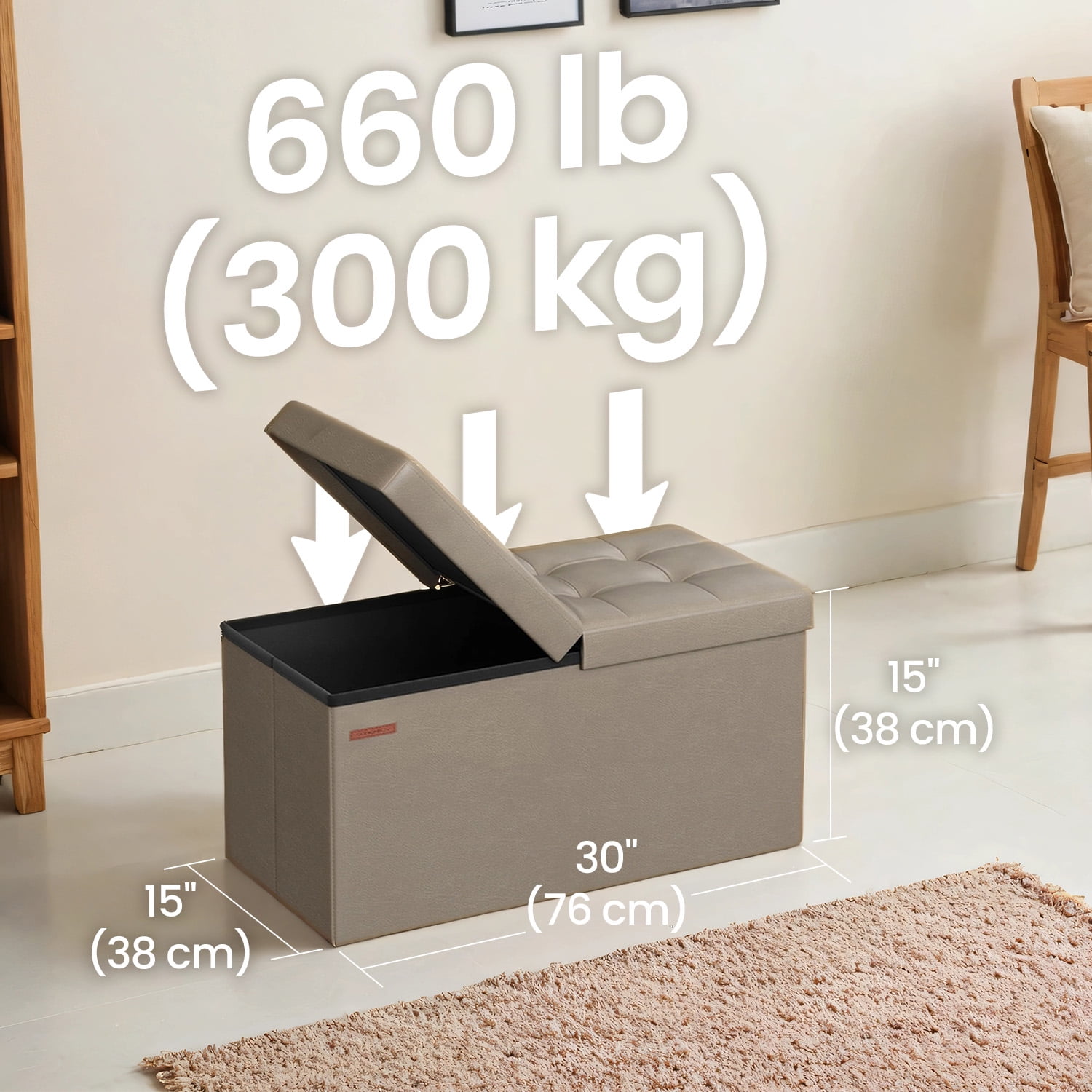 LEDREM 30" Foldable Storage Ottoman Bench, 660lb Capacity, Multi-Use Footstool & Chest, Synthetic Leather, Camel Brown