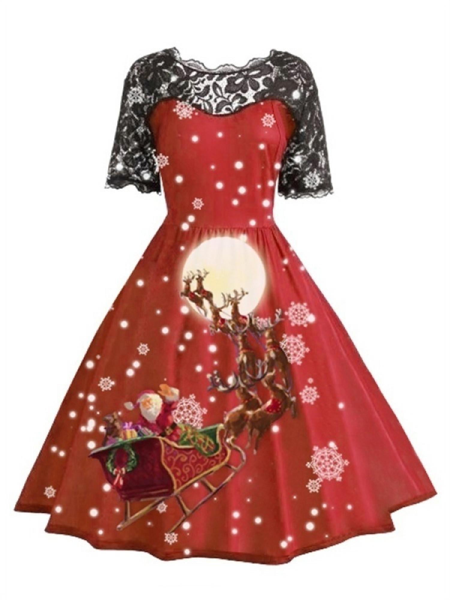 BB67 Christmas Dress for Women Plus Size Vintage Santa Printed A-Line Loose Swing Dress