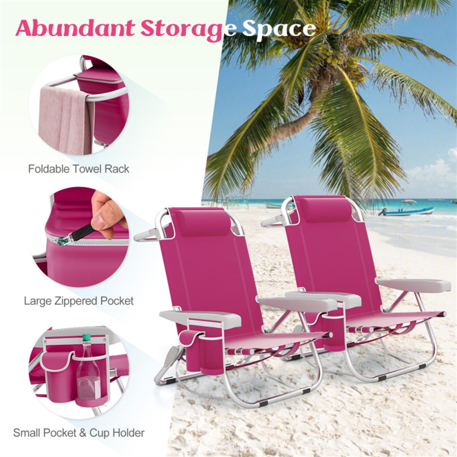Demi Bonn Foldable Backpack Beach Chair with Cup Holder and Storage Pockets for Outdoor, Patio Accent Furniture Lounge Chairs for Yard, Garden, Pink