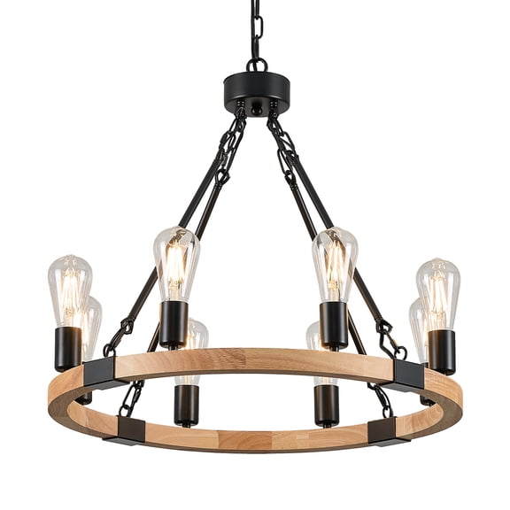 8 Lights Wooden Wagon Wheel Chandelier Natural Farmhouse 23.6'' Black Metal Light Fixtures Rustic Wood Round Chandelier for Living Dining Room Kitchen Entryway Foyer