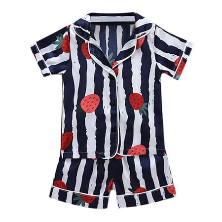

LNMQLPDBS Pajama Set Toddler Baby Boy Girl Short Sleeve Cartoon Tops Shorts Pajamas Sleepwear Outfits Striped Strawberry Pajamas