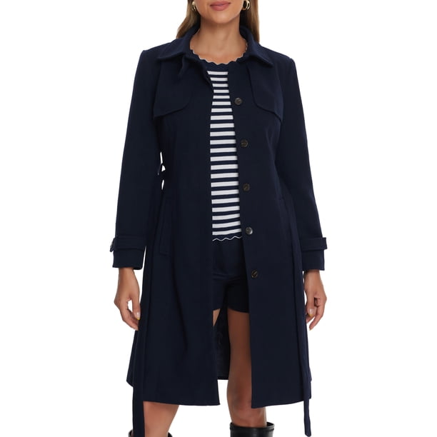 Abrigo de invierno para mujer INSPIRE CHIC, con cuello, de un solo botón, de manga larga, elegante, abrigo tipo pea, azul oscuro L