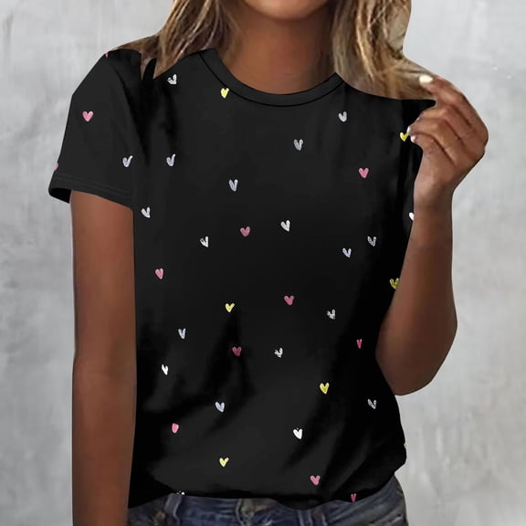 Njagoc3 Women's Short Sleeve Top Sparkle Heart Print Glam Valentine's Day Evening & Daily Casual Wear