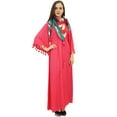 thumbnail image 2 of Bimba Women's Pom Pom Bell Sleeves Casual Dark Peach Loose Maxi Dress With Scarf - 4, 2 of 5