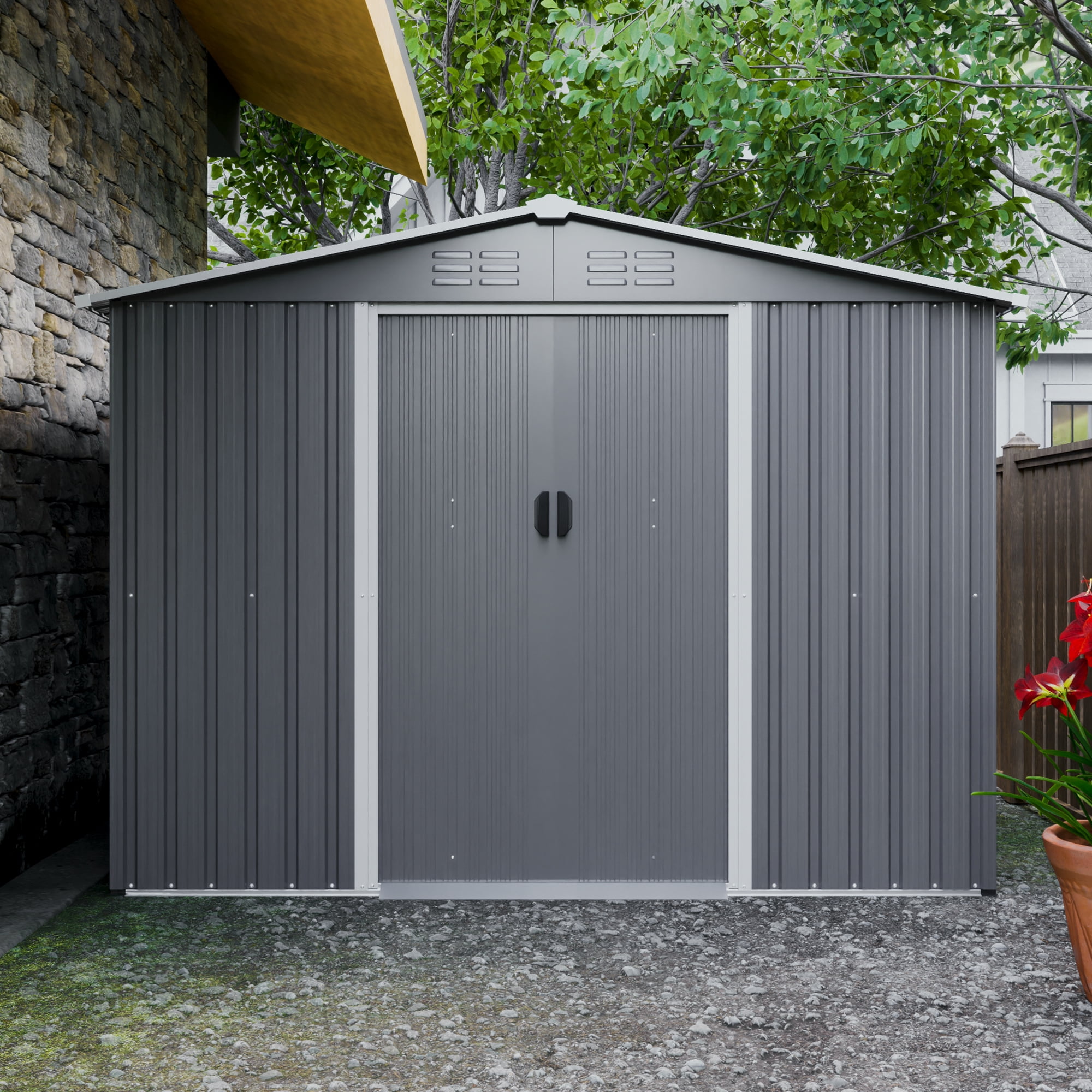 MAYEERTY 8x6FT Outdoor Storage Shed with Metal Foundation, All-Weather Metal Tool Shed with Lockable Doors & Ventilated, for Backyard, Garden, Patio & Lawn