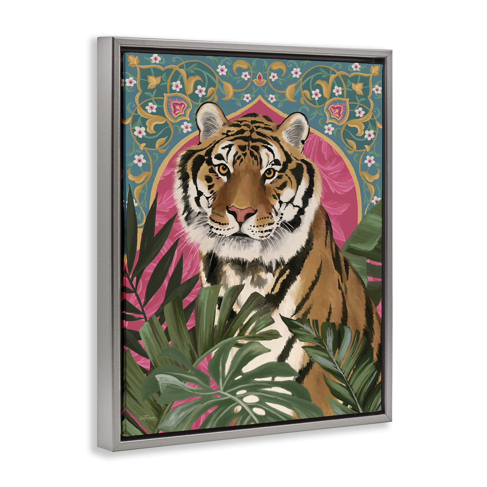 Stupell Industries Arabesque Tiger & Plants Animals Painting Gray Floater Framed Canvas Art Print Wall Art, 17 x 21