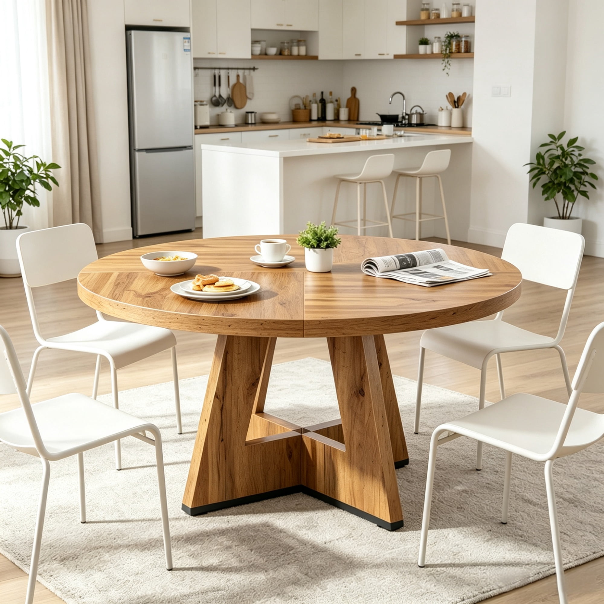 Round Farmhouse Dining Table, 47 in Diameter, Seats 4, Rustic Finish