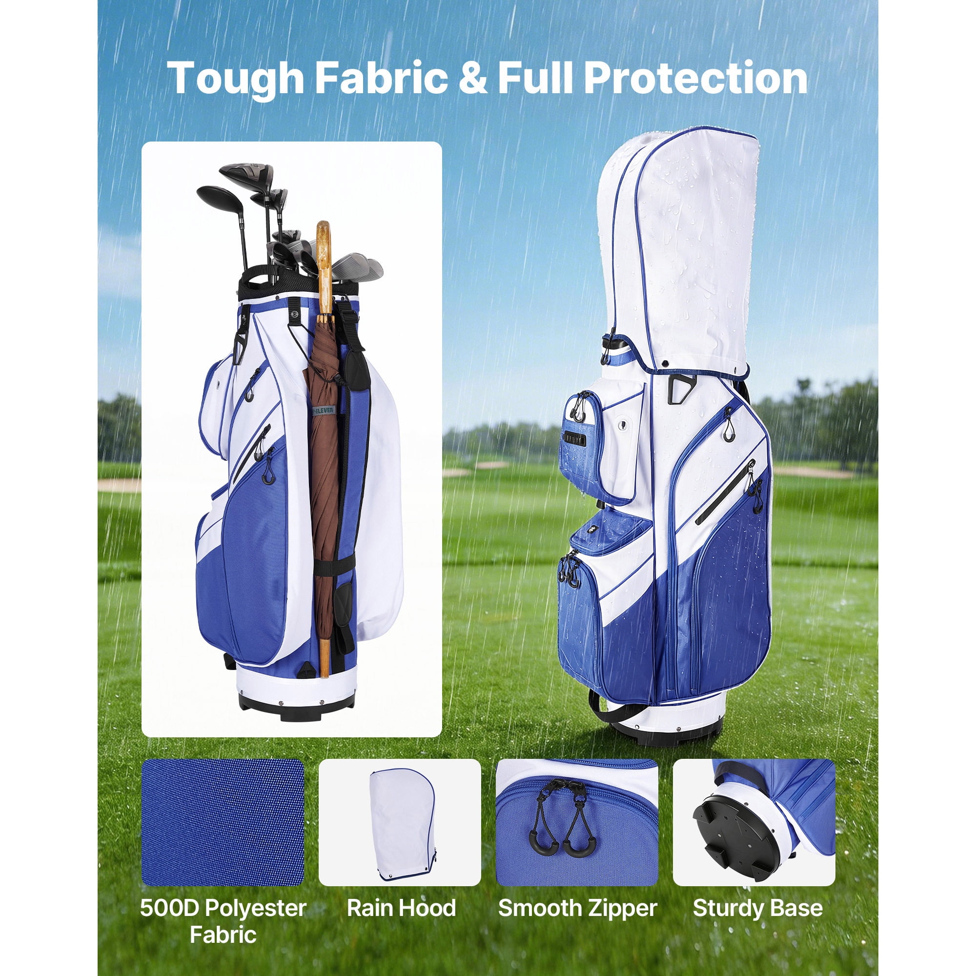 KFFKFF Golf Cart Bag with 15-Way Divider, Full-Length Club Organizer, Multiple Storage Pockets, Comfortable Shoulder Strap, Protective Rain Cover, Durable Zippers, Lightweight Polyester