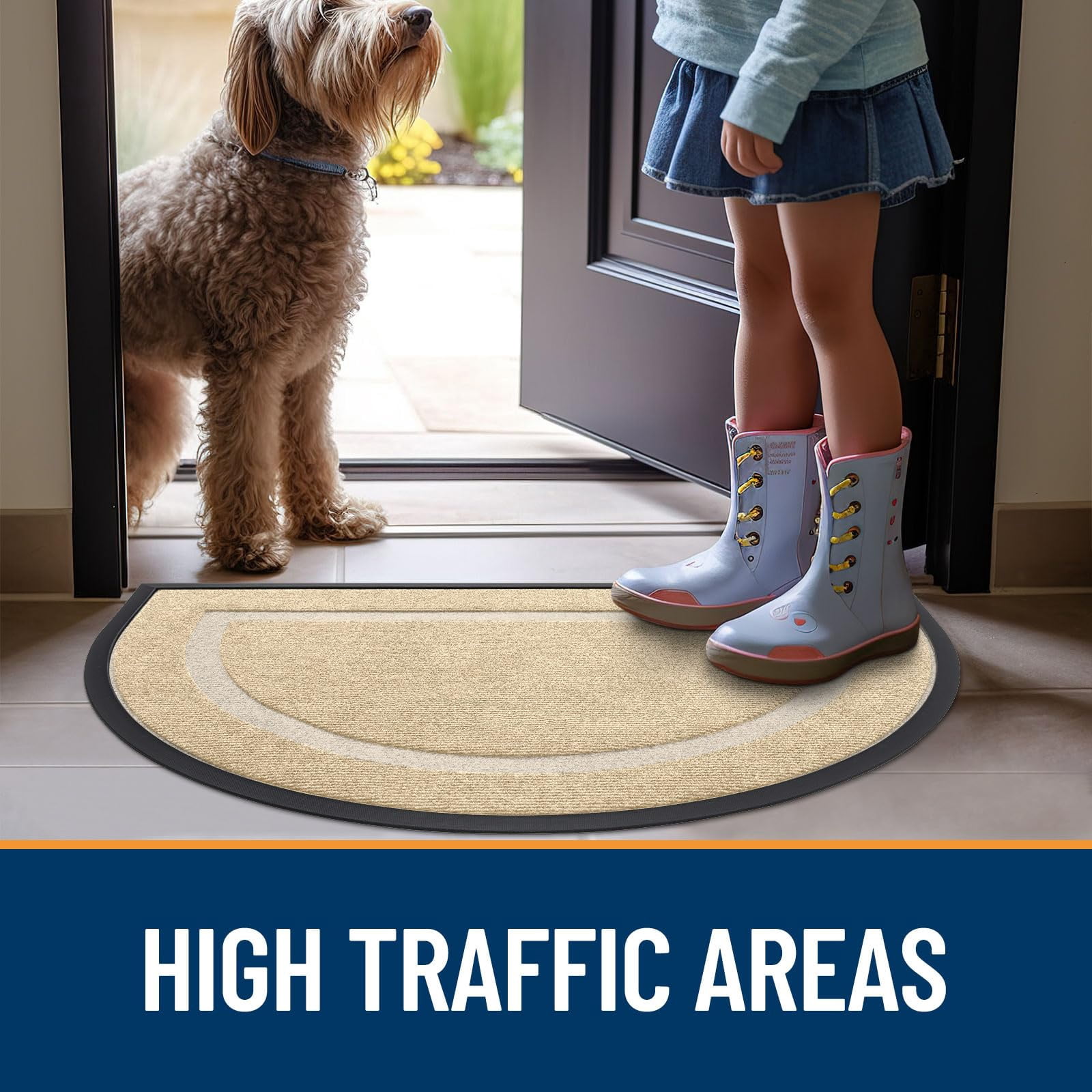 Buganda Half Round Door Mat, Heavy Duty Rubber Entrance Mat, Low Profile Dirt Trapper Doormat Outside, 36" x 24", beige