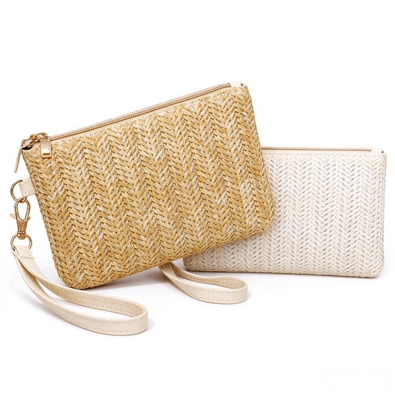 Straw Clutch Bag for Summer Beach, Stylish Zipper Wristlet Wallet for Women, Bohemian,2 Pcs