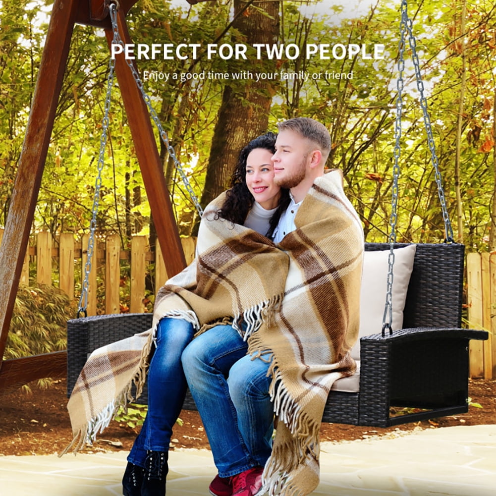 Aimee Lii 2-Person Patio Rattan Porch Swing with Cushions, Outdoor Patio Furniture, White Aimee Lii 2-Person Patio Rattan Porch Swing with Cushions, Outdoor Patio Furniture, White