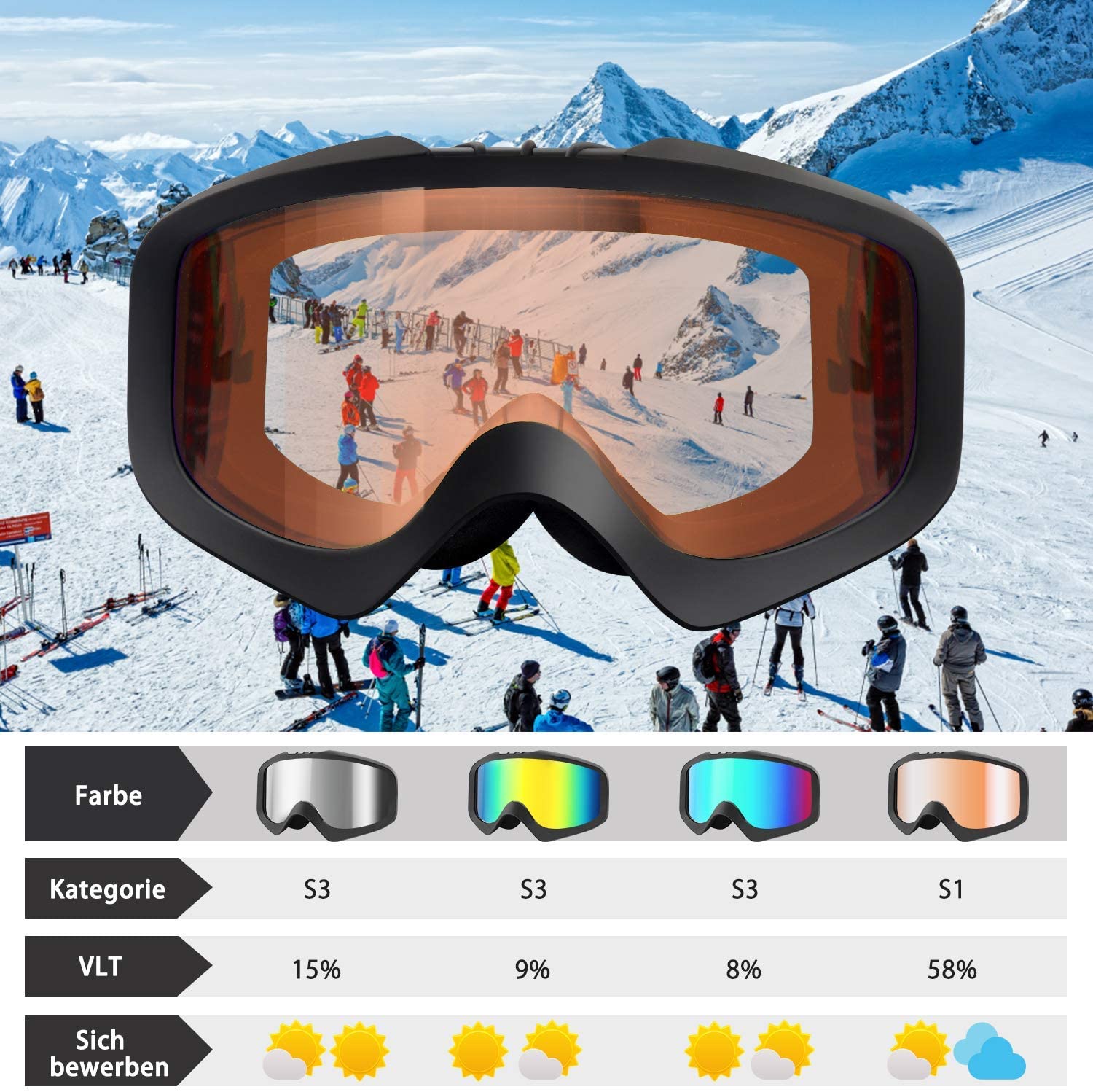 Lunettes De Ski Enfants 3-12 Ans - Double Lentille Anti-buée, Protection UV400 - Compatible Casque OTG - Cadre TPU Léger - 2