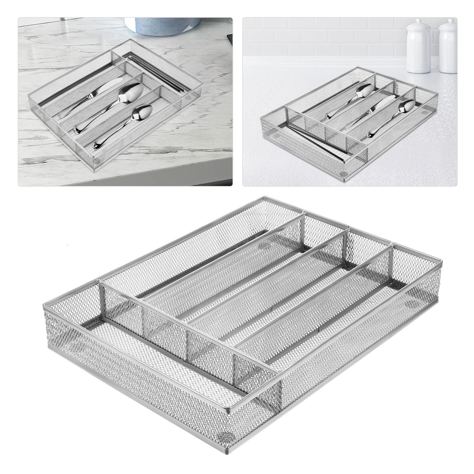 HEALEEP 1pc Silverware Tray For Drawer Storage Organizer Kitchen And Office For Cutlery Pens Cosmetics And More Silver