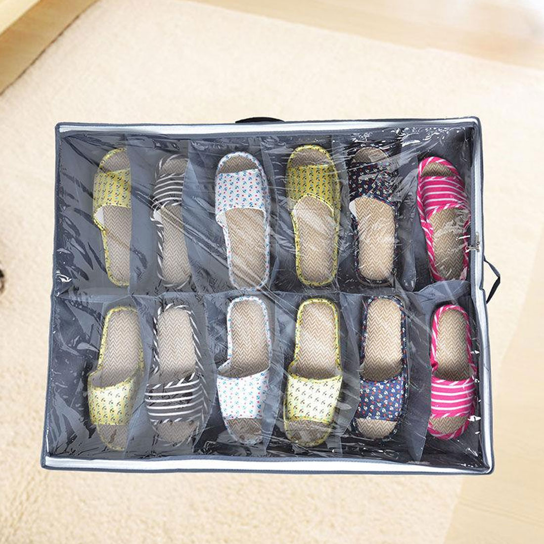 Household 12 Compartments Shoes Storage Box Bag Packing Case Dark Gray