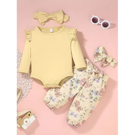 

Baby Girls Long Sleeve Rompers + Tapered Pants + Headband Newborn Suit