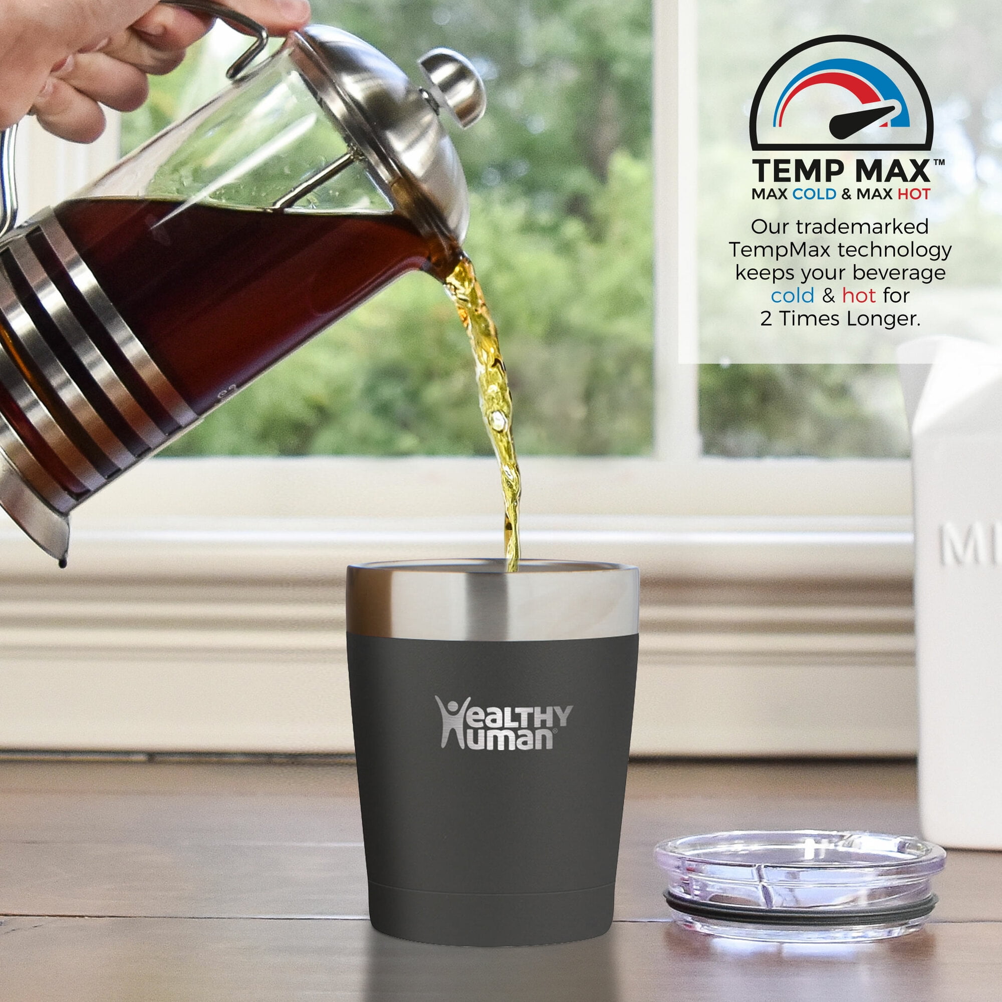 Healthy Human Stainless Steel Tumbler with Straw | Splash Proof Insulated Travel Cruiser Cup | Eco-Friendly Coffee Tumblers with Straws Cleaner & Splash Proof Lid (12oz, Pure Black)