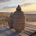 thumbnail image 4 of Moroccan Metal Temple Lanterns, Luxury Floor Hurricanes, Set of 2, For LED or Wax Candles, Sealed Iron, Antiqued Patina, Hinged Top, 25.5 and 17.75 Inches Tall, Global Chic Collection, 4 of 13