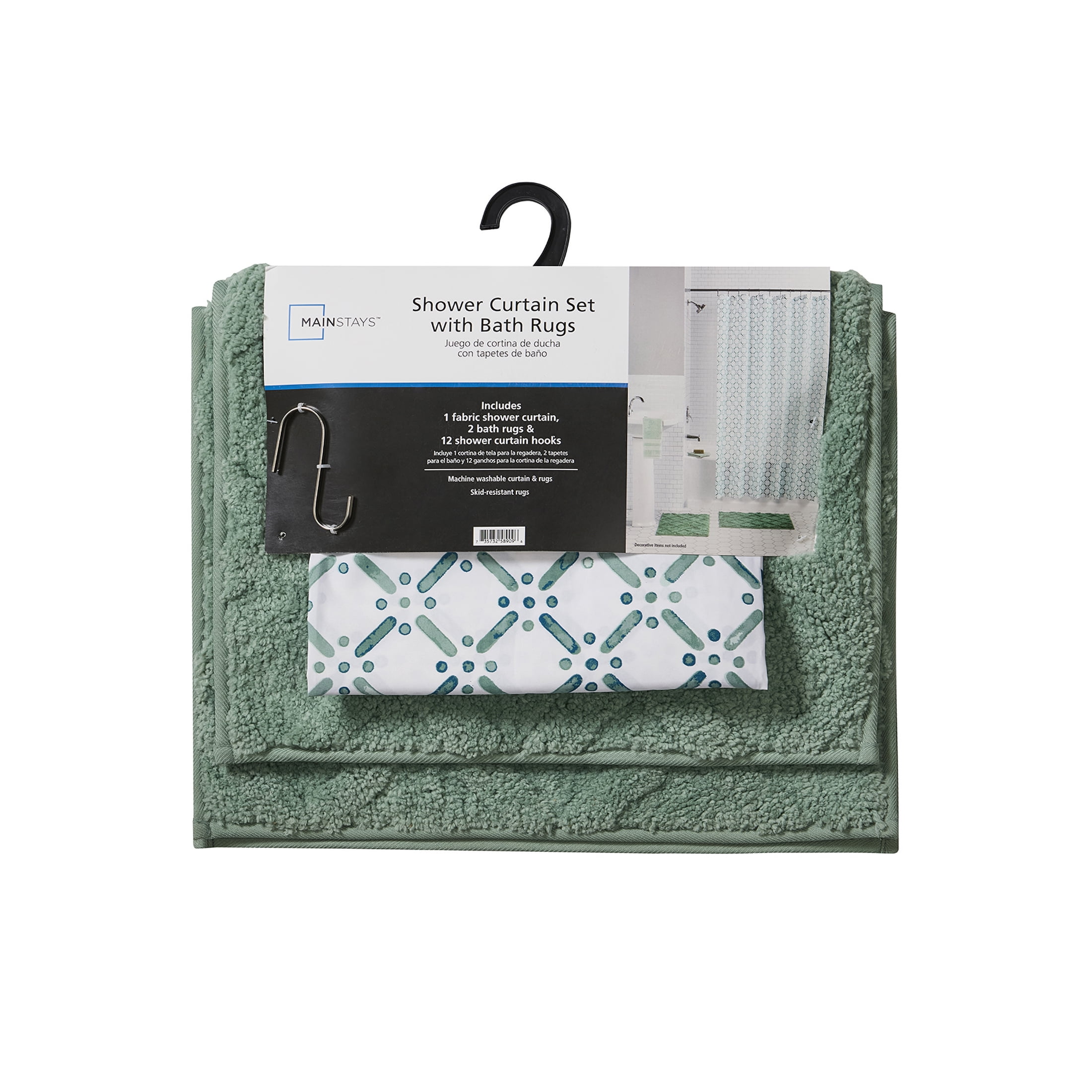 Mainstays 15-Piece Green & White Diamond Bathroom Set – Shower Curtain, Bath Rugs & Hooks, Stylish Polyester Design