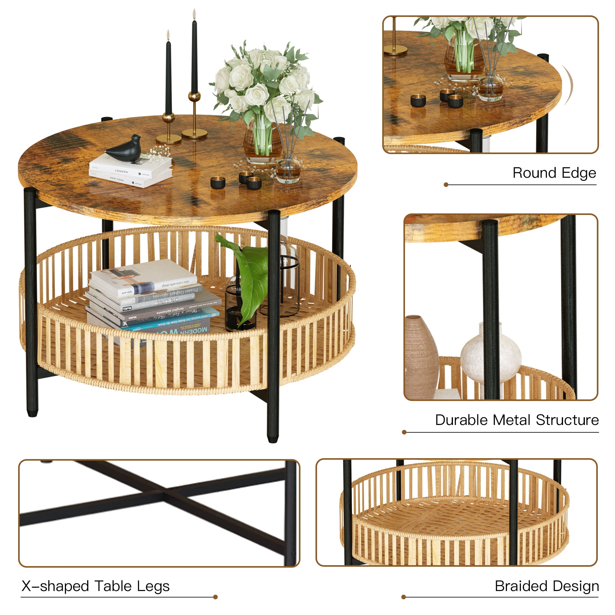AWQM 3-Piece Round Coffee Table Set with Rattan Storage, Rustic Brown Wood & Woven Side Tables, Space-Saving Living Room Furniture with Natural Boho Style