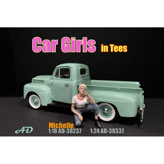 Car Girl in Tee Michelle Figure, White and Blue - American Diorama 38337 - 1/24 scale Figurine - Diorama Accessory