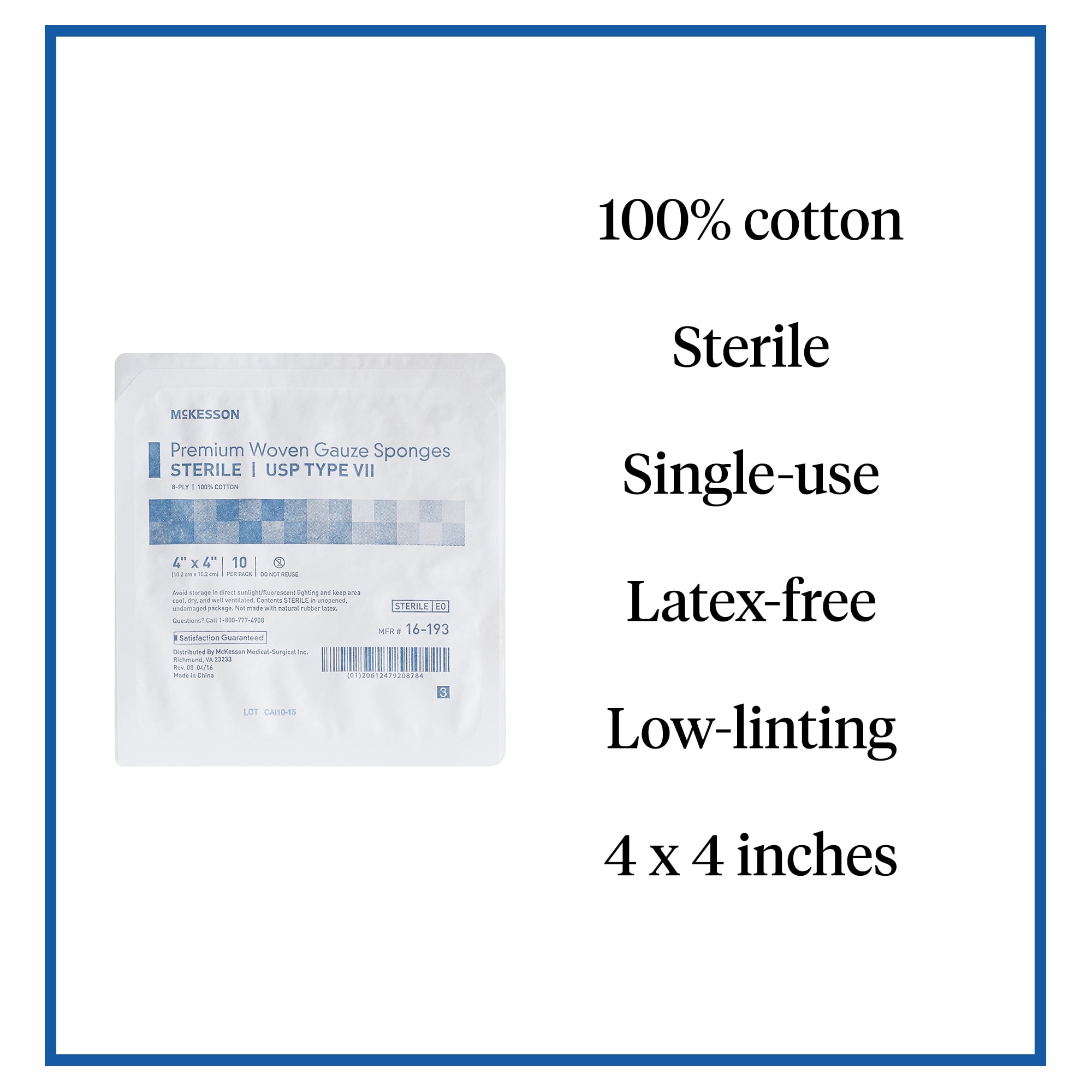 McKesson Premium Woven Gauze Sponges, 8-Ply - Sterile, 4 in x 4 in, 10 per Pack, 128 Packs, 1280 Total