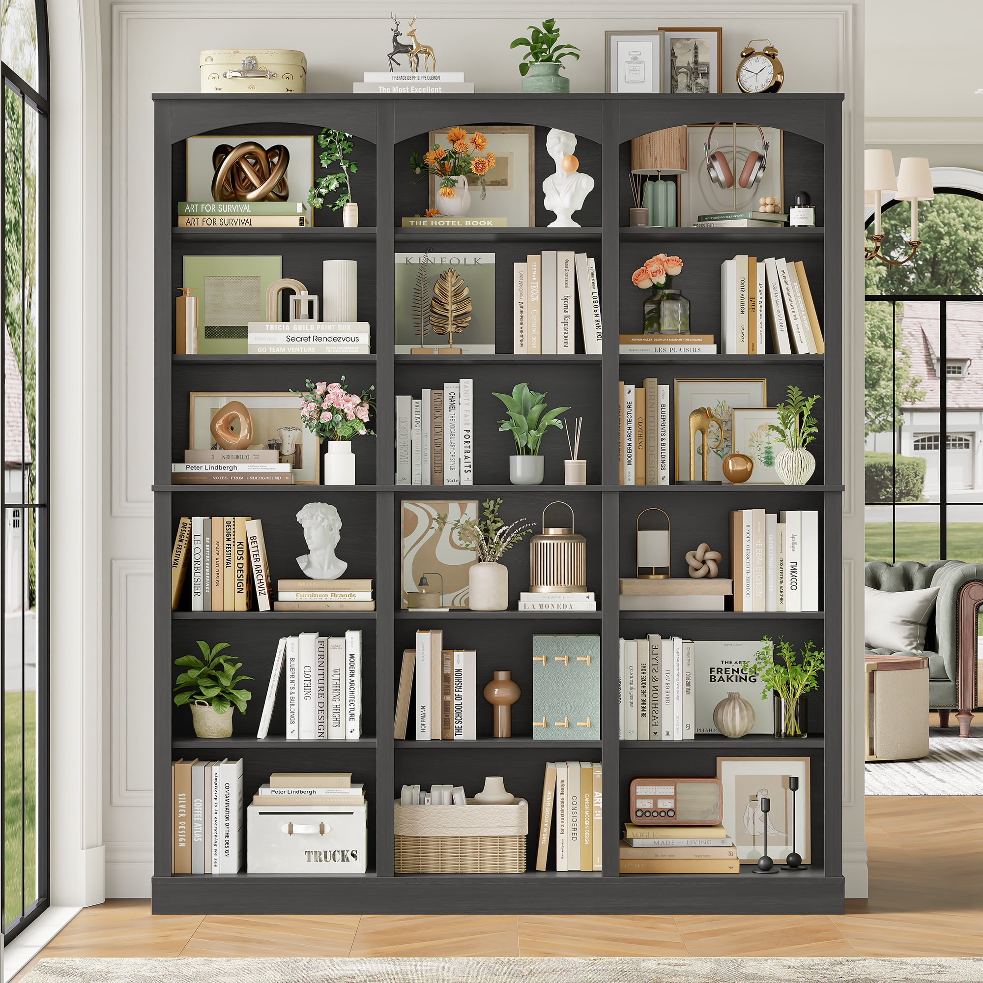 Homfa 18-Cube Bookcase and Bookshelves, 71.2" Triple Width 6-Tier Freestanding Arch Library Cabinet for Home Office Living Room, Dark Gray Texture