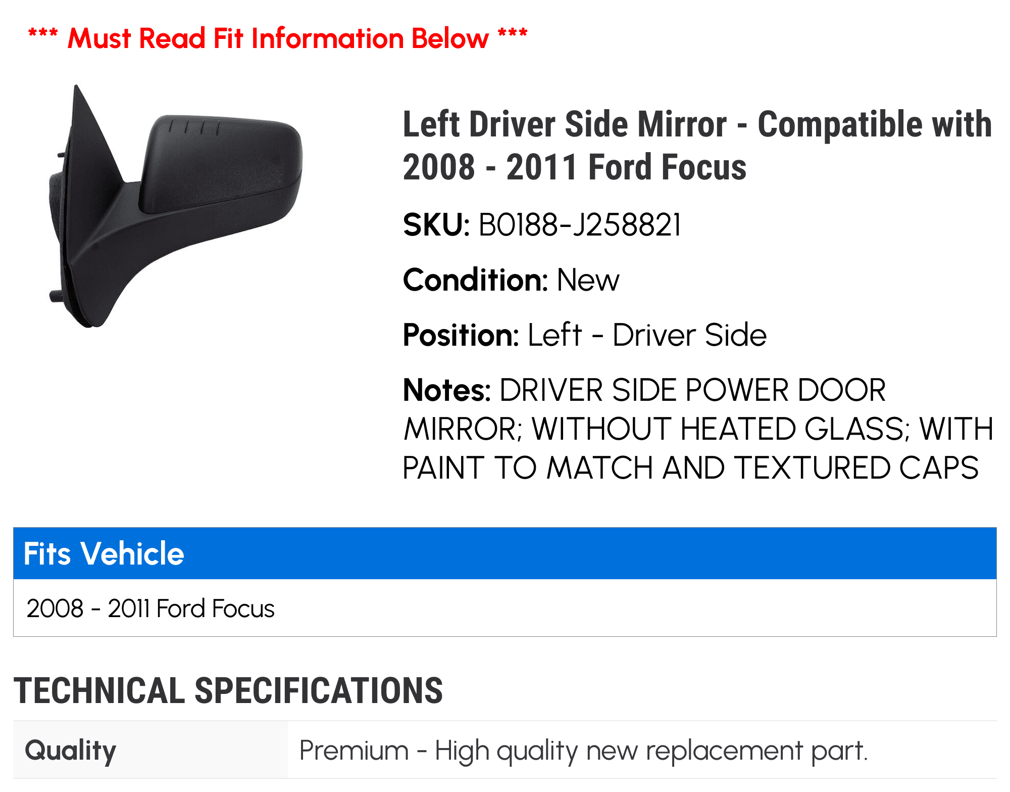 Left Driver Side Mirror - Compatible with 2008 - 2011 Ford Focus 2009 2010
