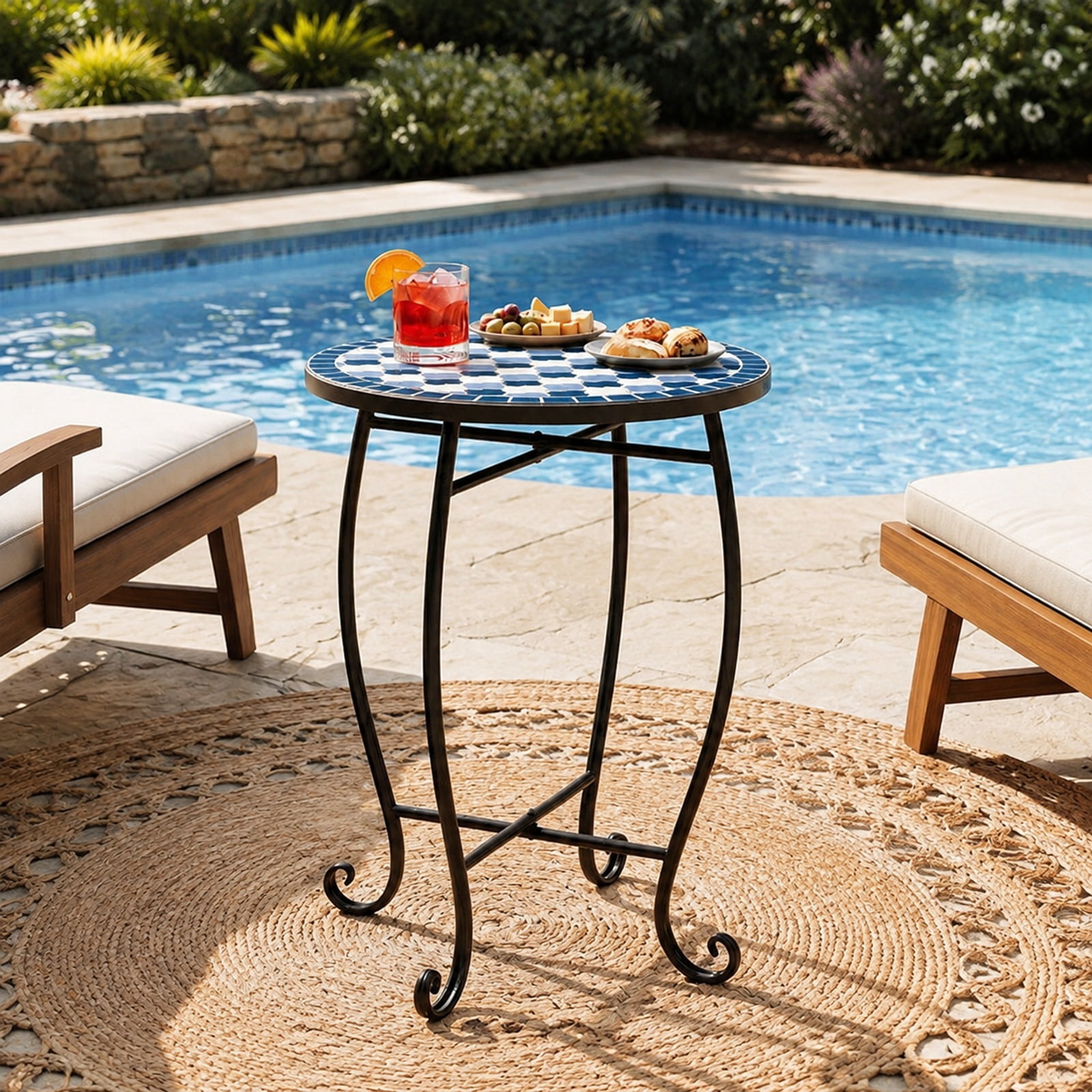 Biotree 14 Inch Metal Mosaic Accent Table, Outdoor Patio Side Table Plant Stand with Floral Clover Top and X-Frame Base for Backyard Poolside, Blue