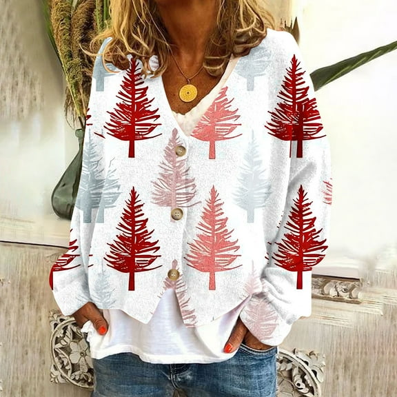 Gift for Girls Ofreoo Women‘s Casual Cardigan Button Christmas Printed Fashion Jacket Top Cardigan Sweaters for Women Lightweight