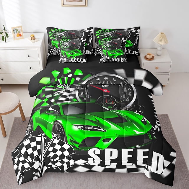 Erosebridal Cool Racing Car Bedding Sets Full Size, Checkered Comforter Sets with Sheets, Speed Sports Decor, Reversible 7-Piece