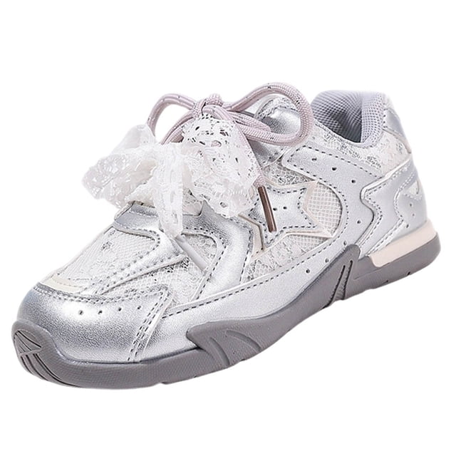 Encajes de Zapato Blanco para Niños Primavera Y Verano Niñas Planas Suaves de Moda de Malla de Estrellas Encaje Casual Arco Zapatos de Carrera Encajes de Zapato Blanco para Zapatillas Deportivas