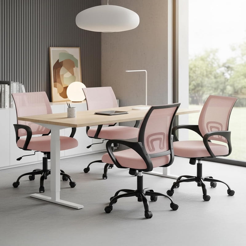 Simenmax Ergonomic Mid Back Office Chair, Pink Mesh Computer Desk Chair with Lumbar Support, Rocking Mode for Home Office
