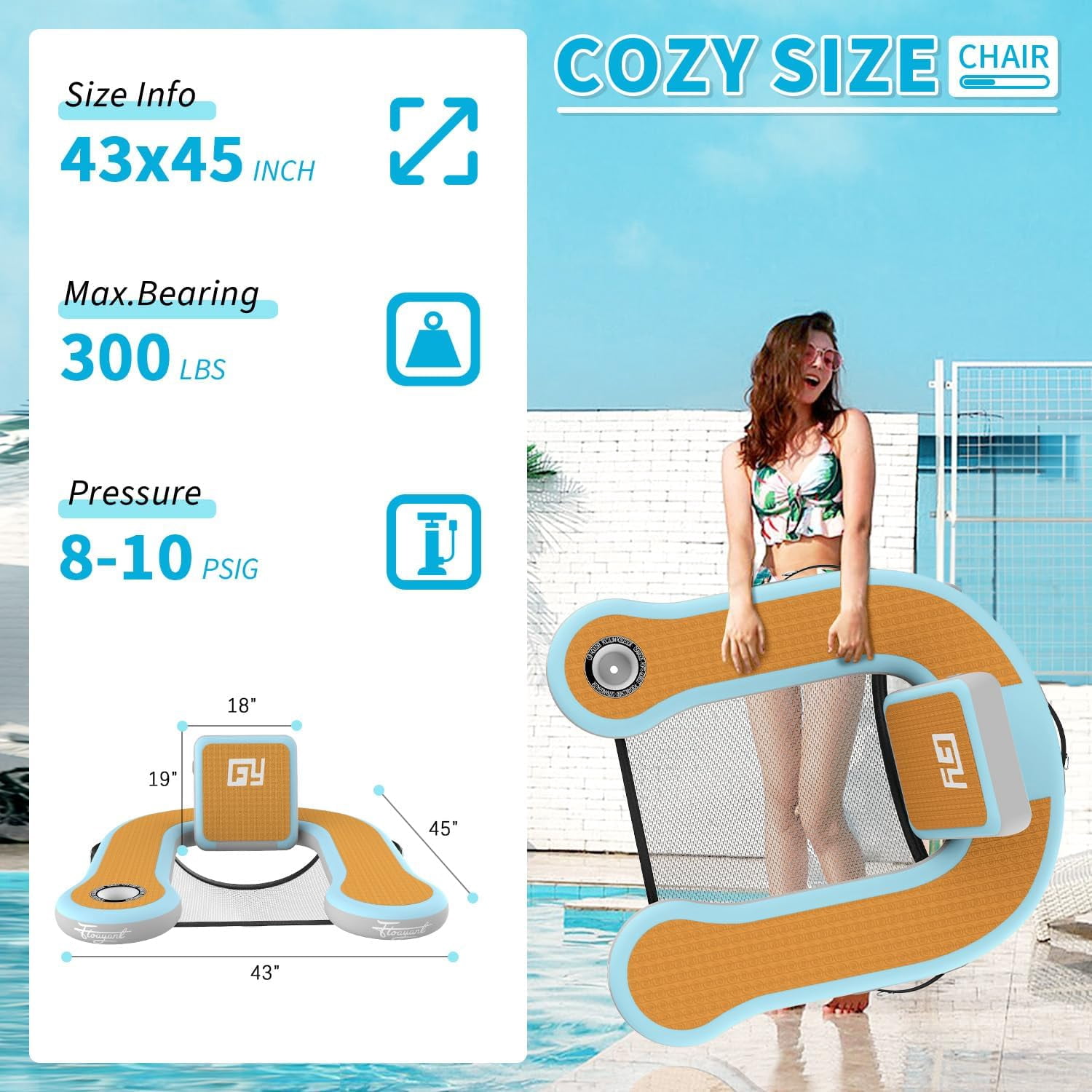 Hangout Floating Chair | Inflatable Floating Chair with Built-in Cup Holder | 4.2×3.7ft Chair Floats for Adults | Inflatable Lounge Chair for Lakes, Pools, Boats | 1 Pack of Chair