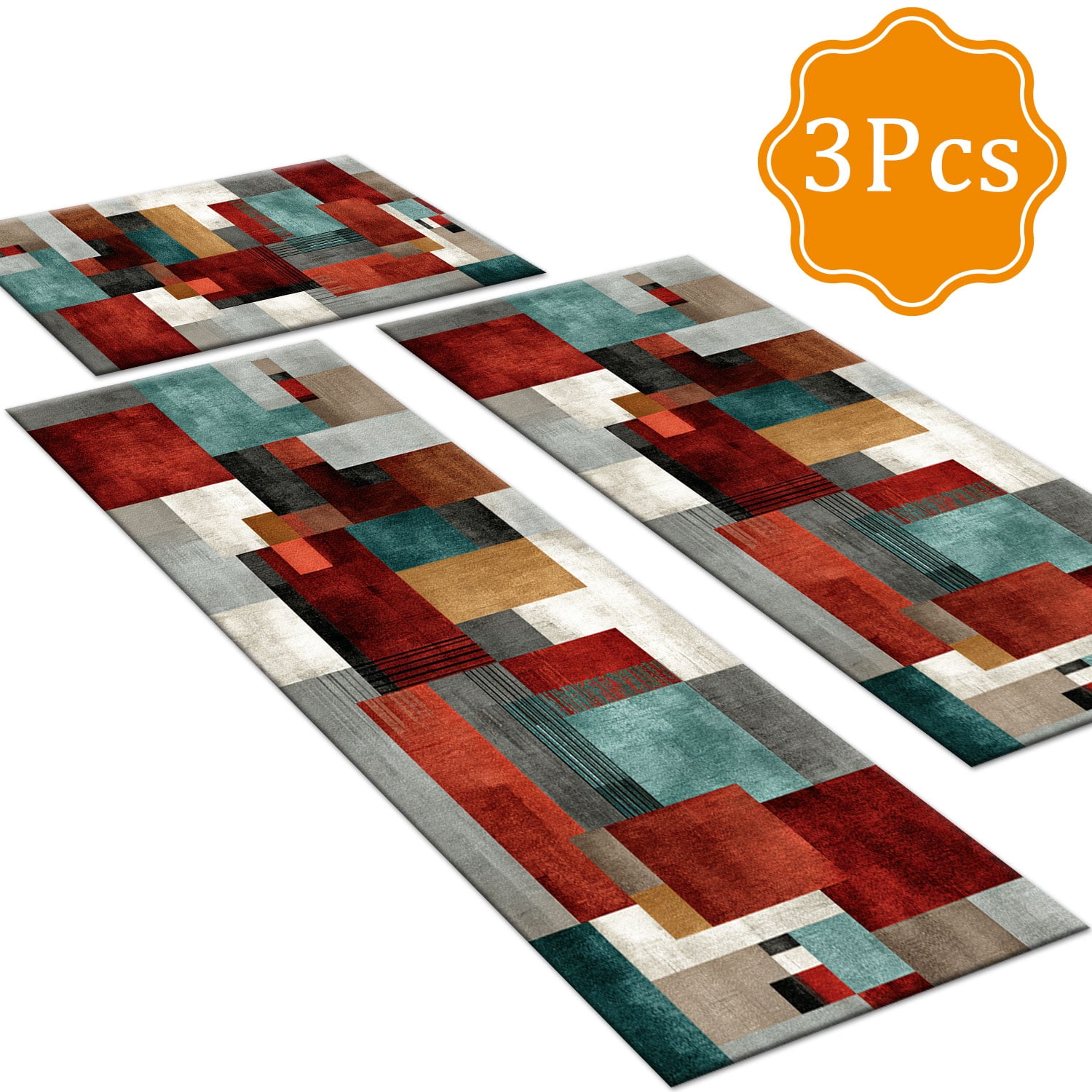 3 Piece Kitchen Rug Set, Abstract Pattern Kitchen Hallway Rug, Soft And Comfortable, Suitable For Sinks, Floors, Entrances, Hallways And Bathrooms