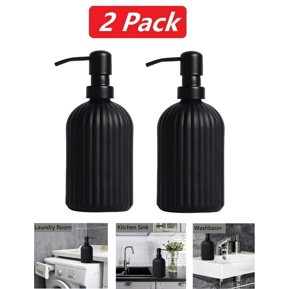 2 Pack 13.5 Oz Glass Soap Dispenser with Stainless Steel Pump, Refillable Hand and Dish Soap Shampoo Dispenser for Bathroom Kitchen Bedroom Liquid Lotion Soap Dispensers, Matte Black