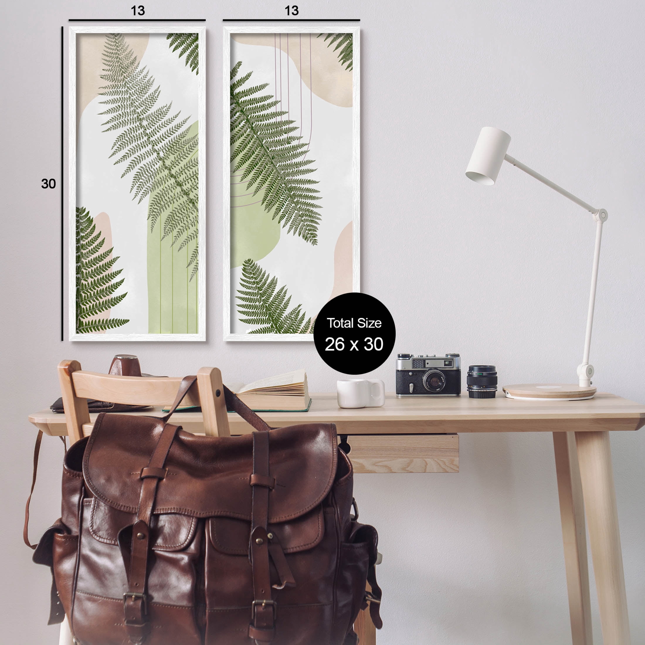 Fern Leaves Pastel Geometric Botanical & Floral Graphic Art White Framed Art Print Wall Art, Set of 2